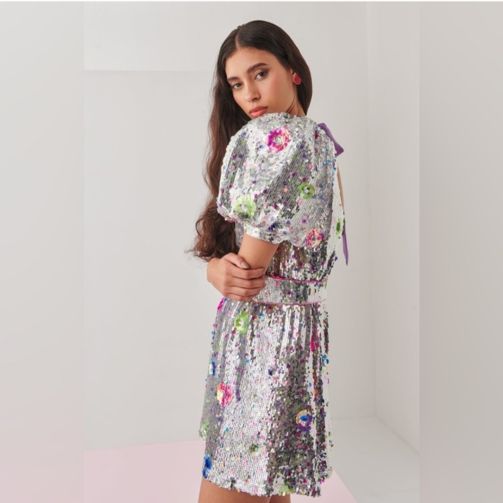 CeliaB Silver Sequin Mini Dress with Floral Accents - Picture 6 of 15